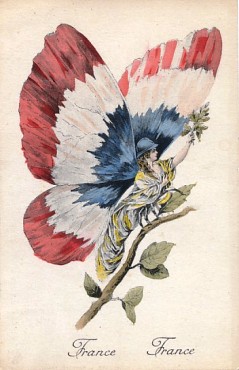 Featured is a World War I era postcard image of "France" symbolized by a female as butterfly. The scarce original unused postcard is for sale in The unltd.com Store.
